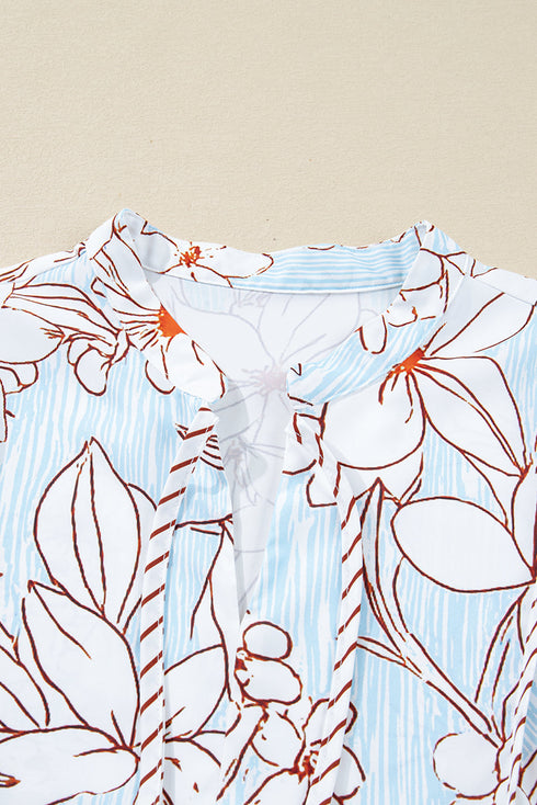 Pinstripe Floral Outline Ruffled Split Neck Long Sleeve Mini Dress